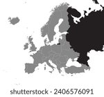 Black CMYK national map of THE RUSSIAN FEDERATION (European part) inside detailed gray blank political map of European continent on transparent background using Mercator projection