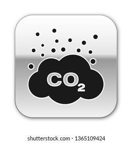 Black CO2 emissions in cloud icon isolated on white background. Carbon dioxide formula symbol, smog pollution concept, environment concept. Silver square button. Vector Illustration