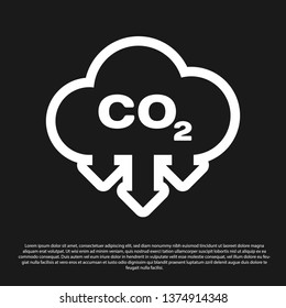 Black CO2 emissions in cloud icon isolated on black background. Carbon dioxide formula symbol, smog pollution concept, environment concept. Vector Illustration