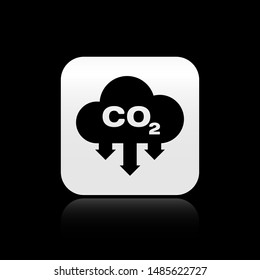 Black CO2 emissions in cloud icon isolated on black background. Carbon dioxide formula symbol, smog pollution concept, environment concept. Silver square button. Vector Illustration