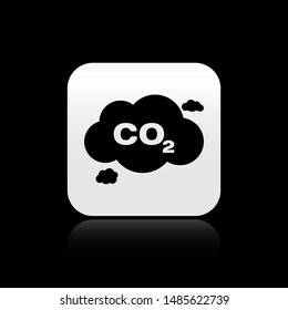 Black CO2 emissions in cloud icon isolated on black background. Carbon dioxide formula symbol, smog pollution concept, environment concept. Silver square button. Vector Illustration