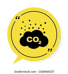 Black CO2 emissions in cloud icon isolated on white background. Carbon dioxide formula symbol, smog pollution concept, environment concept. Yellow speech bubble symbol. Vector Illustration