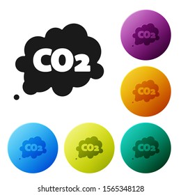 Black CO2 emissions in cloud icon isolated on white background. Carbon dioxide formula symbol, smog pollution concept, environment concept. Set icons colorful circle buttons. Vector Illustration