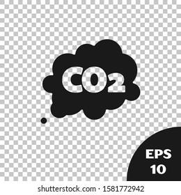 Black CO2 emissions in cloud icon isolated on transparent background. Carbon dioxide formula symbol, smog pollution concept, environment concept.  Vector Illustration