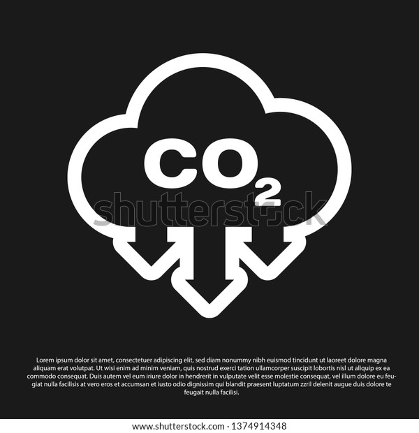 Black CO2 emissions in cloud\
icon isolated on black background. Carbon dioxide formula symbol,\
smog pollution concept, environment concept. Vector\
Illustration
