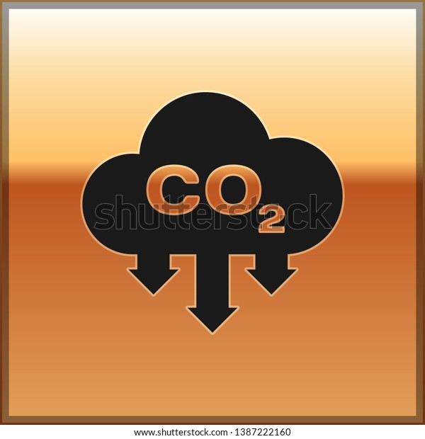 Black CO2 emissions in cloud
icon isolated on gold background. Carbon dioxide formula symbol,
smog pollution concept, environment concept. Vector
Illustration