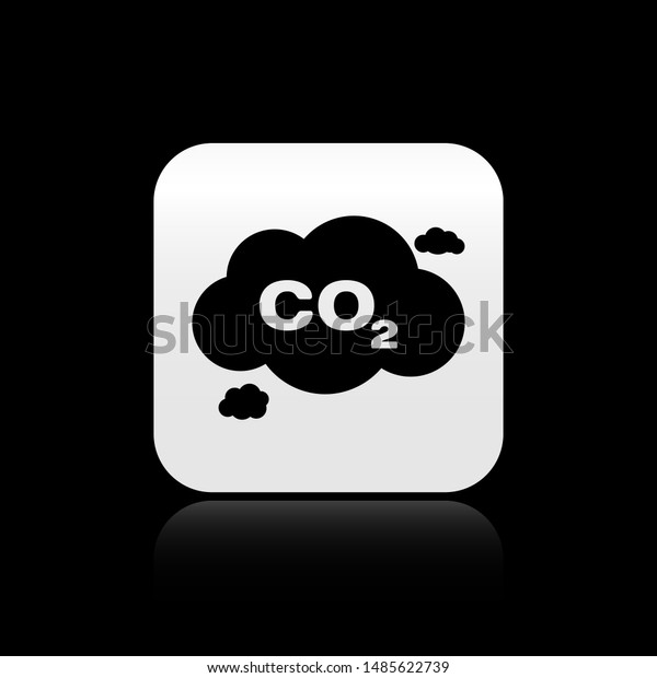 Black\
CO2 emissions in cloud icon isolated on black background. Carbon\
dioxide formula symbol, smog pollution concept, environment\
concept. Silver square button. Vector\
Illustration