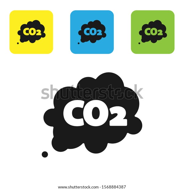 Black CO2 emissions in cloud icon isolated\
on white background. Carbon dioxide formula symbol, smog pollution\
concept, environment concept. Set icons colorful square buttons.\
Vector Illustration
