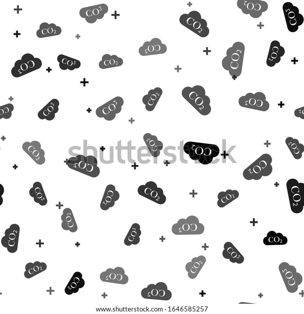 Black CO2 emissions in cloud icon isolated\
seamless pattern on white background. Carbon dioxide formula\
symbol, smog pollution concept, environment concept, combustion\
products.  Vector\
Illustration