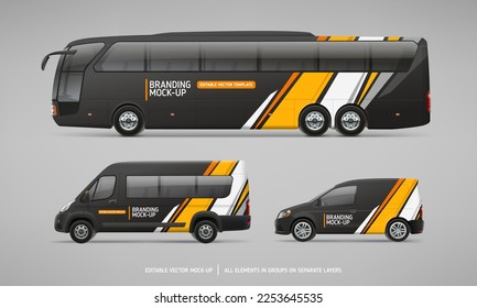 Black Coach Bus, Passenger Van and Company Car vector Mockup set. Abstract graphic consept for Brand identity and Advertising on Passenger transport. Editable branding mockup set