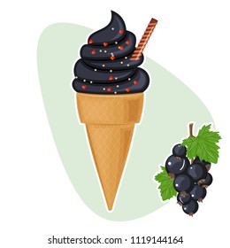 Black coal got ice cream in a cone. Black currant. Design for cafe menu, packing, shipping box. Stock vector.