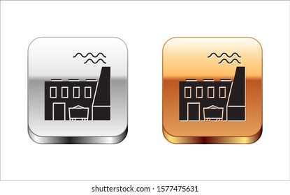 Black Coal power plant and factory icon isolated on white background. Energy industrial concept. Coal power station. Silver-gold square button. Vector Illustration