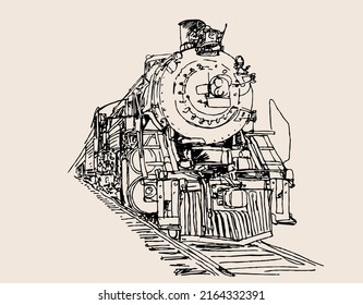 black coal train art sketch. vintage fast rail transport. train illustration painting.