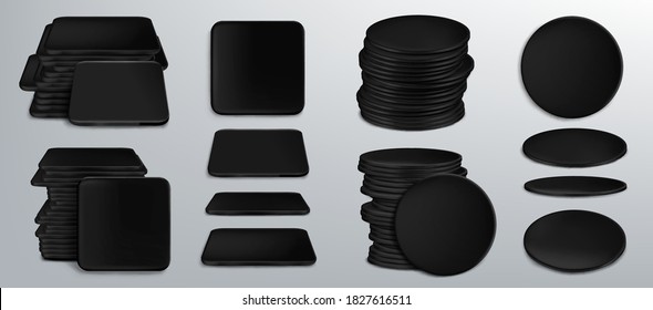 Black coasters for beer cups or tankards, blank cardboard mats for mug of square and round shapes. Beermat stack, bierdeckel in top and side view isolated on grey background realistic 3d vector mockup