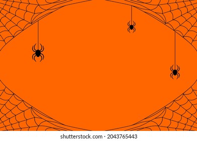 Black cobweb with spiders on an orange background. Halloween vector frame