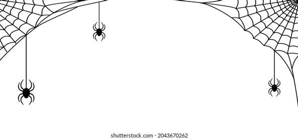 Black cobweb with spiders on a white background. Halloween frame