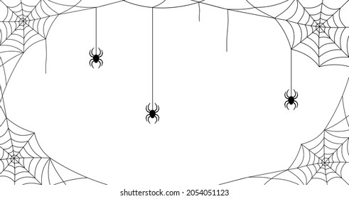 Black Cobweb With Spiders On A White Background. Halloween Frame