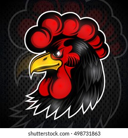 Black cock head logo for any sport team or cock-fights rooster on blackboard