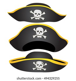 Black Cocked Pirate Triangle Hat with Skull and Crossed Bones, Set of Pirate Hat Isolated, Pirate Fancy Dress Hat with Jolly Roger, Happy Halloween! Isolated Design Element For Poster And Backgrounds