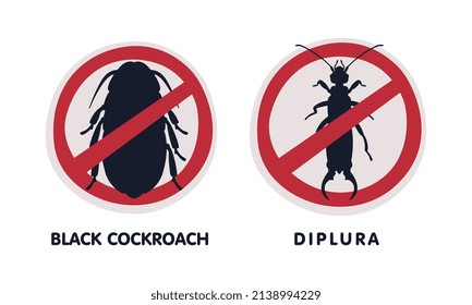 Black Cockroach and Diplura Red Warning or Prohibition Sign with Cross Line Vector Set
