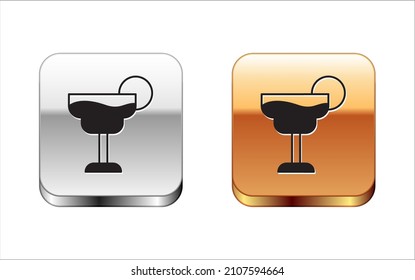 Black Cocktail and alcohol drink icon isolated on white background. Silver and gold square buttons. Vector