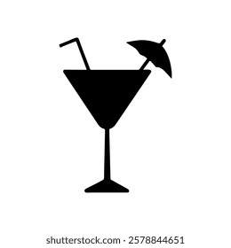 Black cocktail glass with umbrella silhouette vector illustration on white background