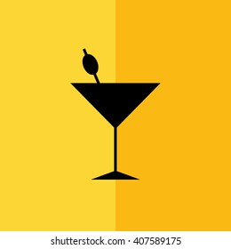 Black cocktail glass vector icon silhouette illustration. Yellow background