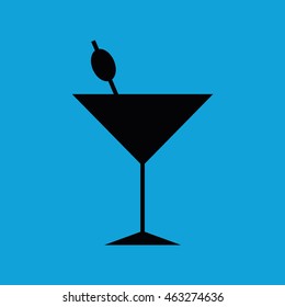Black cocktail glass vector icon. Blue background