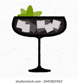 Black cocktail with ice cubes and leaves. Dark drink in margarita glass. Black pearl cocktail. Refreshing liquid. Alcohol drink for bar. Flat vector illustration with texture