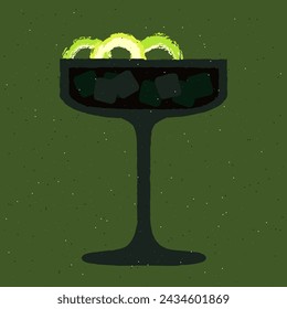 Black cocktail with lime and zest. Dark cocktail with ice cubes in margarita glass. Tequila with citrus. Alcohol drink for bar. Non-alcoholic beverage. Flat vector illustration with texture