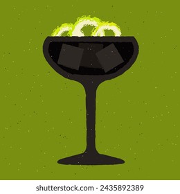 Black cocktail with lime and zest. Dark cocktail with ice cubes in margarita glass. Tequila with citrus. Alcohol drink for bar. Non-alcoholic beverage. Flat vector illustration with texture