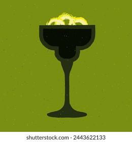 Black cocktail with lime and zest. Dark cocktail with in margarita glass. Tequila with citrus. Alcohol drink for bar. Non-alcoholic beverage. Flat vector illustration with texture