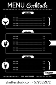 Black cocktail menu card with icons in retro style. (Easy fill in your own text)