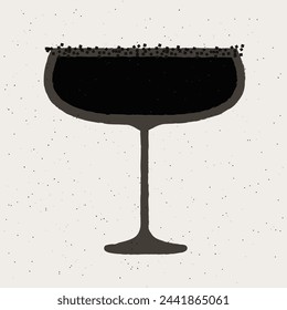 Black cocktail with sugar. Dark cocktail in margarita glass. Cocktail Black Widow. Alcohol drink for bar. Non-alcoholic beverage. Flat vector illustration with texture