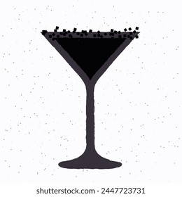 Black cocktail with sugar. Dark cocktail in martini glass. Cocktail Black Widow. Alcohol drink for bar. Non-alcoholic beverage. Flat vector illustration with texture