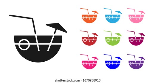 Black Coconut juice exotic fresh cocktail and umbrella icon isolated on white background. Set icons colorful. Vector Illustration