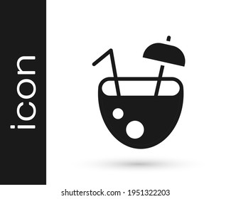 Black Coconut juice exotic fresh cocktail and umbrella icon isolated on white background.  Vector