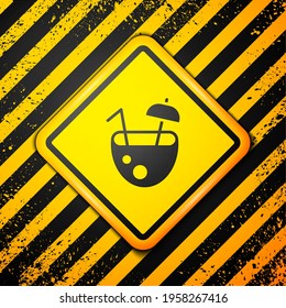 Black Coconut juice exotic fresh cocktail and umbrella icon isolated on yellow background. Warning sign. Vector