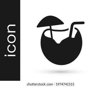 Black Coconut juice exotic fresh cocktail and umbrella icon isolated on white background.  Vector