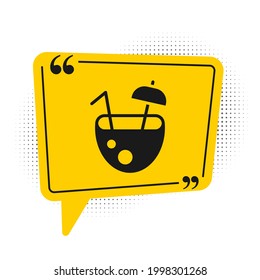 Black Coconut juice exotic fresh cocktail and umbrella icon isolated on white background. Yellow speech bubble symbol. Vector