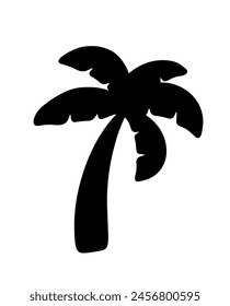 Black Coconut Tree Silhouette Cartoon Clip art Doodle Sticker Vector Illustration for Summer Beach Decoration Element. Single Palm Tree Isolated on White Background