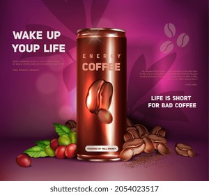 Black Coffee Ad Design. Energy Coffee Drink In Tin Can. Natural Cocoa Extract. Realistic Template For Posters, Applications And Social Networks. 3D Vector Illustration Isolated On Purple Background