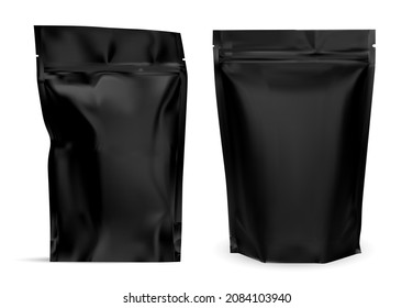 Black coffee bag. Zip protein package mockup design. Aluminum foil pouch, realistic snack food, nuts pack blank. Whey protein sport container. Resealable ziper sachet, tea packaging