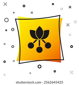 Black Coffee bean, branch with leaf and berry icon isolated on white background. Plant with leaf, berry, fruit, seed. Yellow square button. Vector