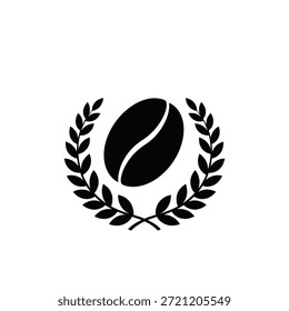 Grano de café negro dentro de una corona de laurel sobre un fondo blanco.