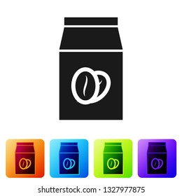 Black Coffee beans in bag icon isolated on white background. Set icon in color square buttons. Vector Illustration