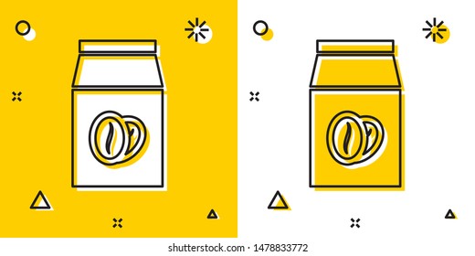 Black Coffee beans in bag icon isolated on yellow and white background. Random dynamic shapes. Vector Illustration