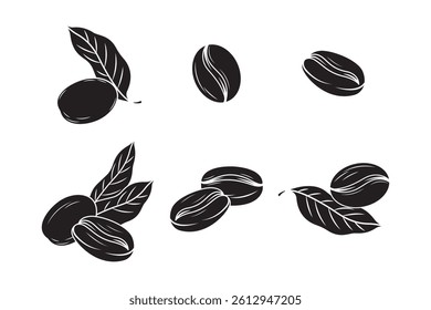 Black coffee beans and leaf icons in flat design, simple and bold vector perfect for branding or prints.