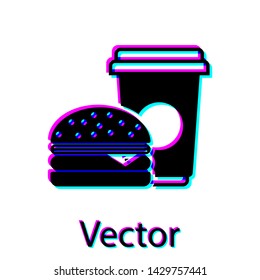 Black Coffee and burger icon isolated on white background. Fast food symbol. Vector Illustration