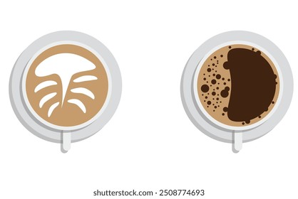 Black Coffee and Cappuccino in a Cup top View. Hot drinks and beverages concept vector art